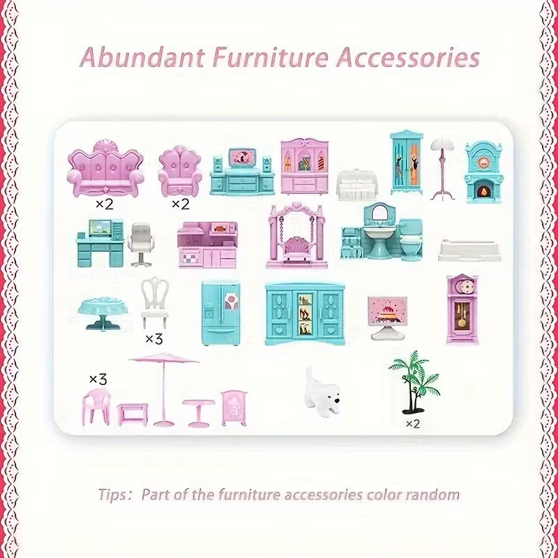 Grand Princess Doll House Mansion – 4-Storey Play House with Furniture