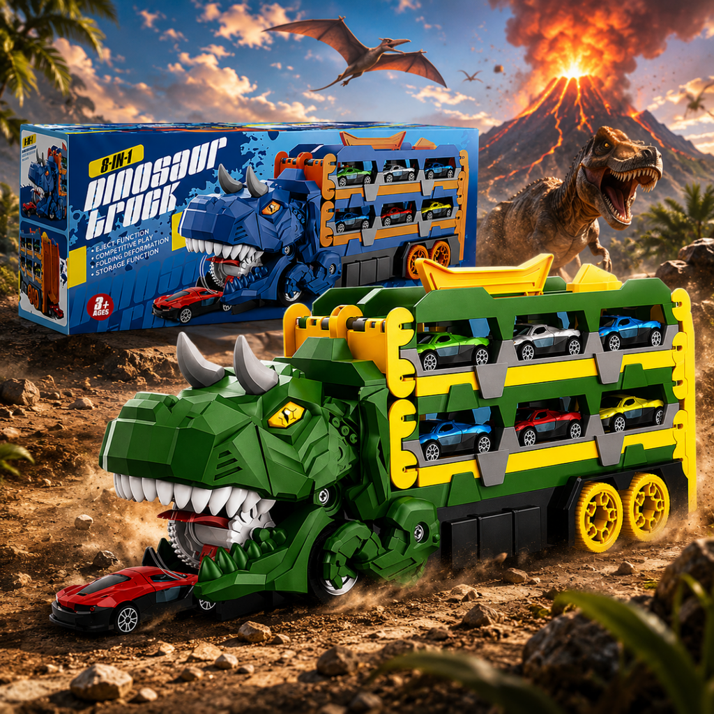 Dinosaur Truck Transporter Play Set – 2 PCS Folding Dino Carrier with Race Track & 4 Mini Cars