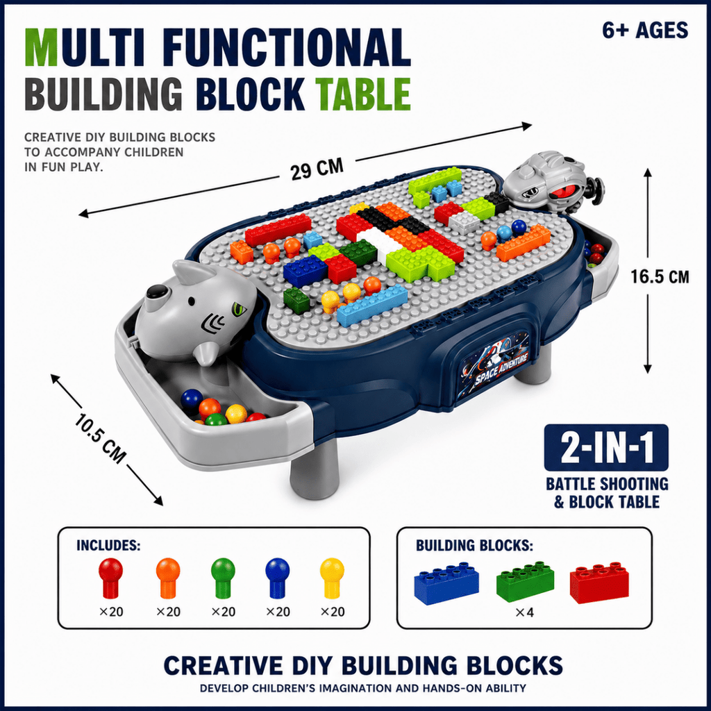 Multifunctional 2-in-1 Building Block Battle Table with Ball Shooting Game & Creative Construction Play