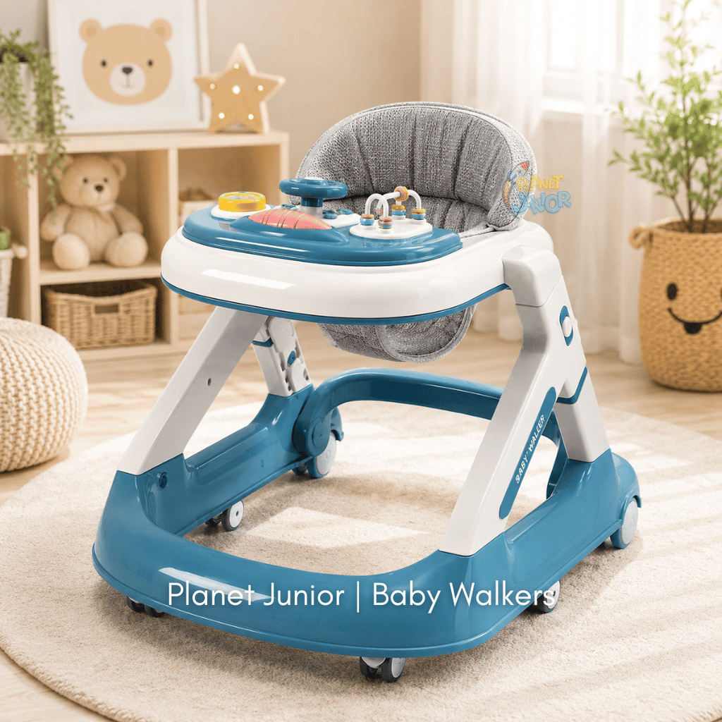 Height Adjustable & Foldable Baby Walker with Steering Wheel Activity Tray