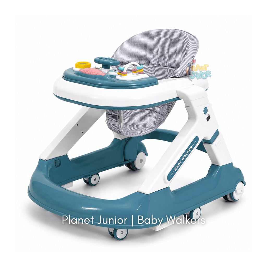 Height Adjustable & Foldable Baby Walker with Steering Wheel Activity Tray