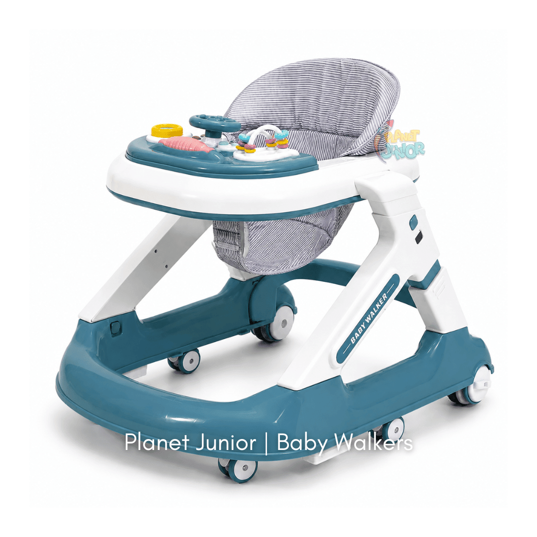 Height Adjustable & Foldable Baby Walker with Steering Wheel Activity Tray