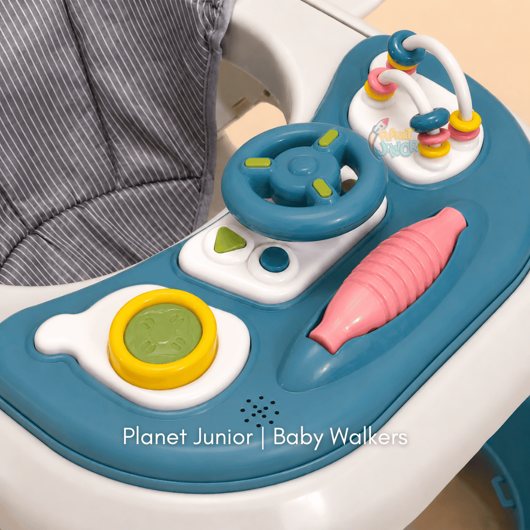 Height Adjustable & Foldable Baby Walker with Steering Wheel Activity Tray