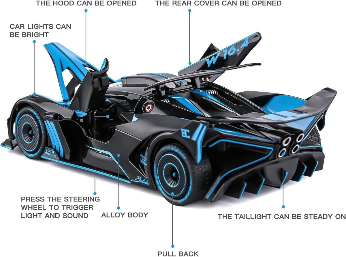 1:24 Die-Cast Bugatti Bolide with Spray Effect Diecast Model Car – Light, Sound & Butterfly Doors 🏎️💙