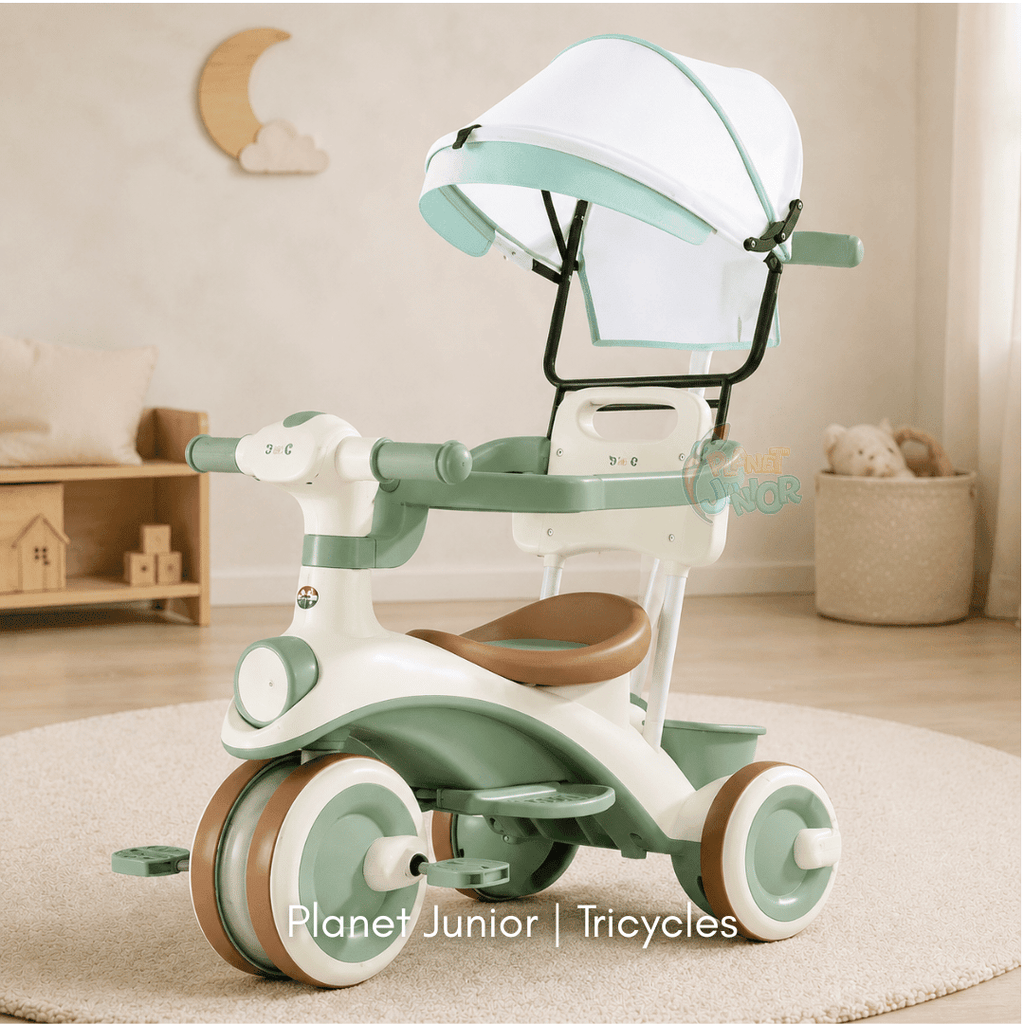 Kids 2-in-1 Stroller Tricycle with Canopy, Push Handle, Music & Lights