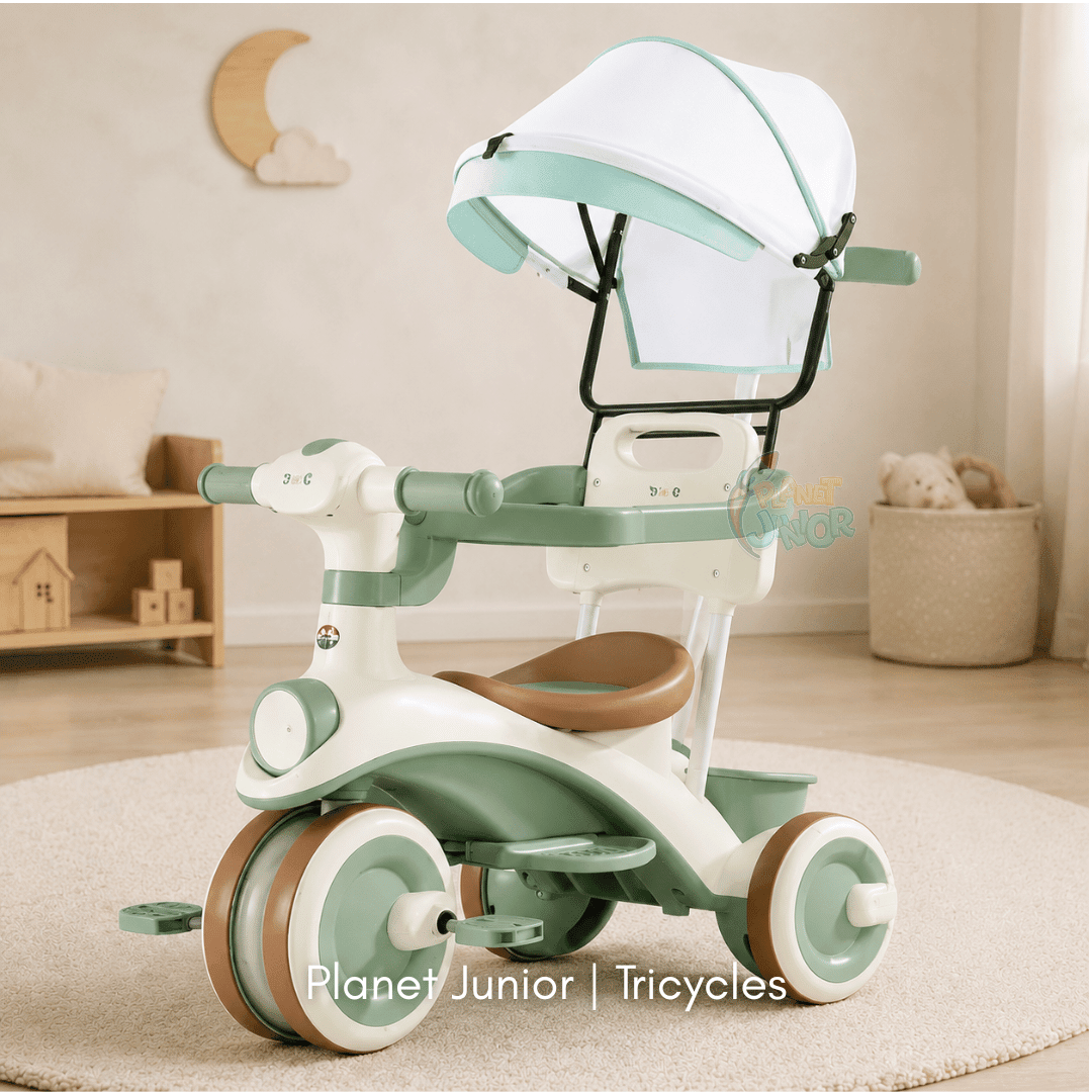 Kids 2-in-1 Stroller Tricycle with Canopy, Push Handle, Music & Lights