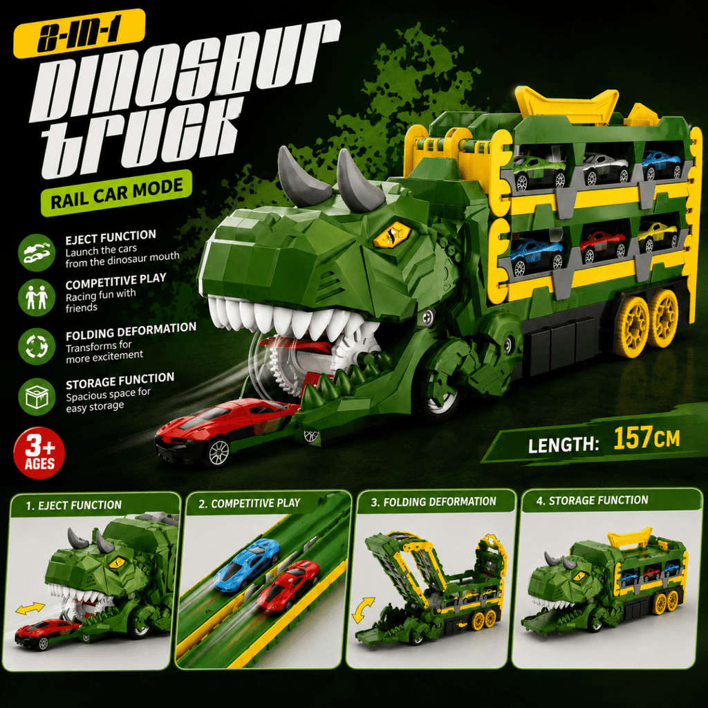 Dinosaur Truck Transporter Play Set – 2 PCS Folding Dino Carrier with Race Track & 4 Mini Cars