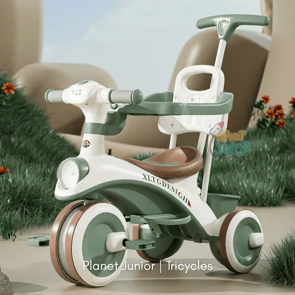 Kids 2-in-1 Stroller Tricycle with Canopy, Push Handle, Music & Lights