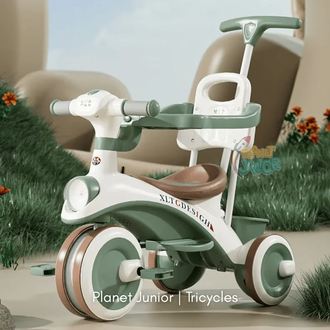 Kids 2-in-1 Stroller Tricycle with Canopy, Push Handle, Music & Lights
