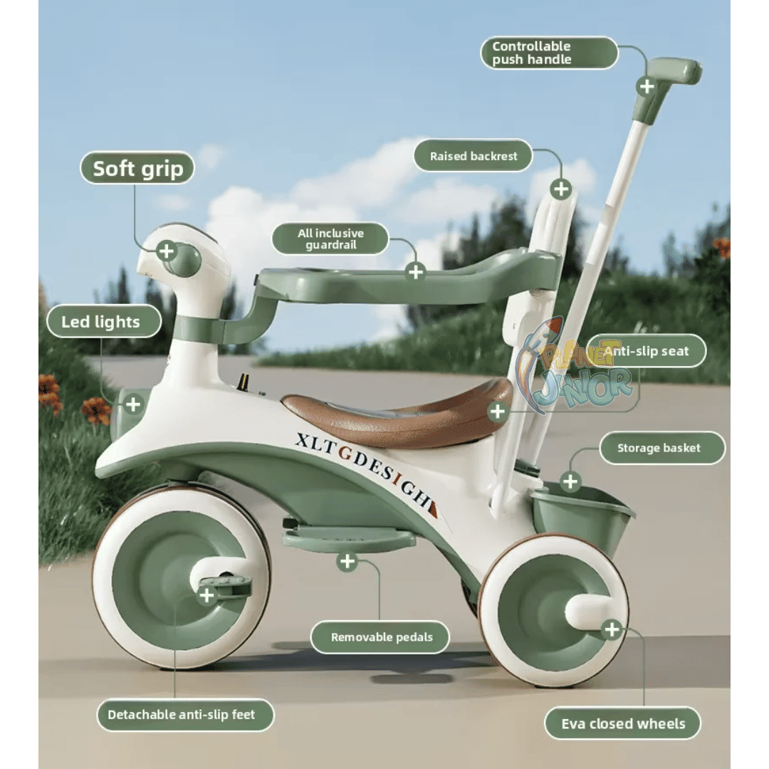 Kids 2-in-1 Stroller Tricycle with Canopy, Push Handle, Music & Lights