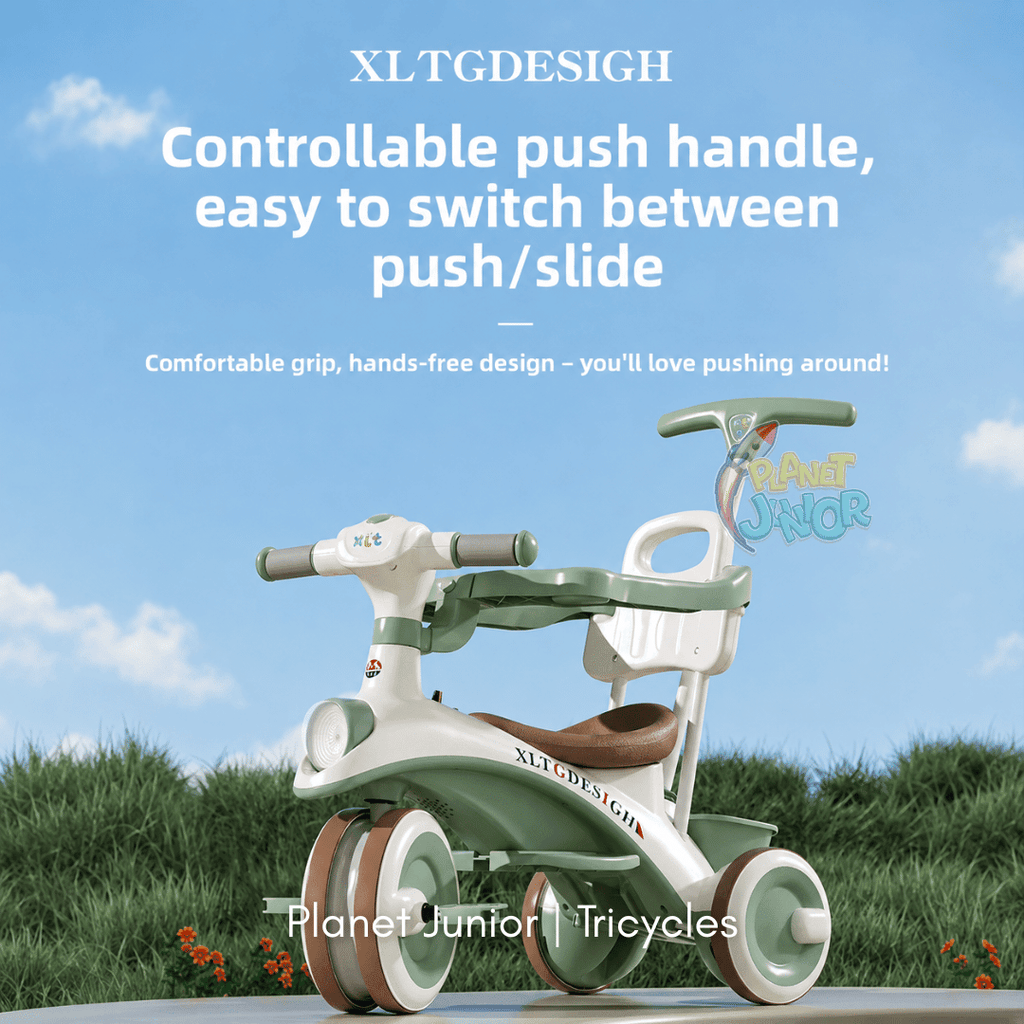 Kids 2-in-1 Stroller Tricycle with Canopy, Push Handle, Music & Lights