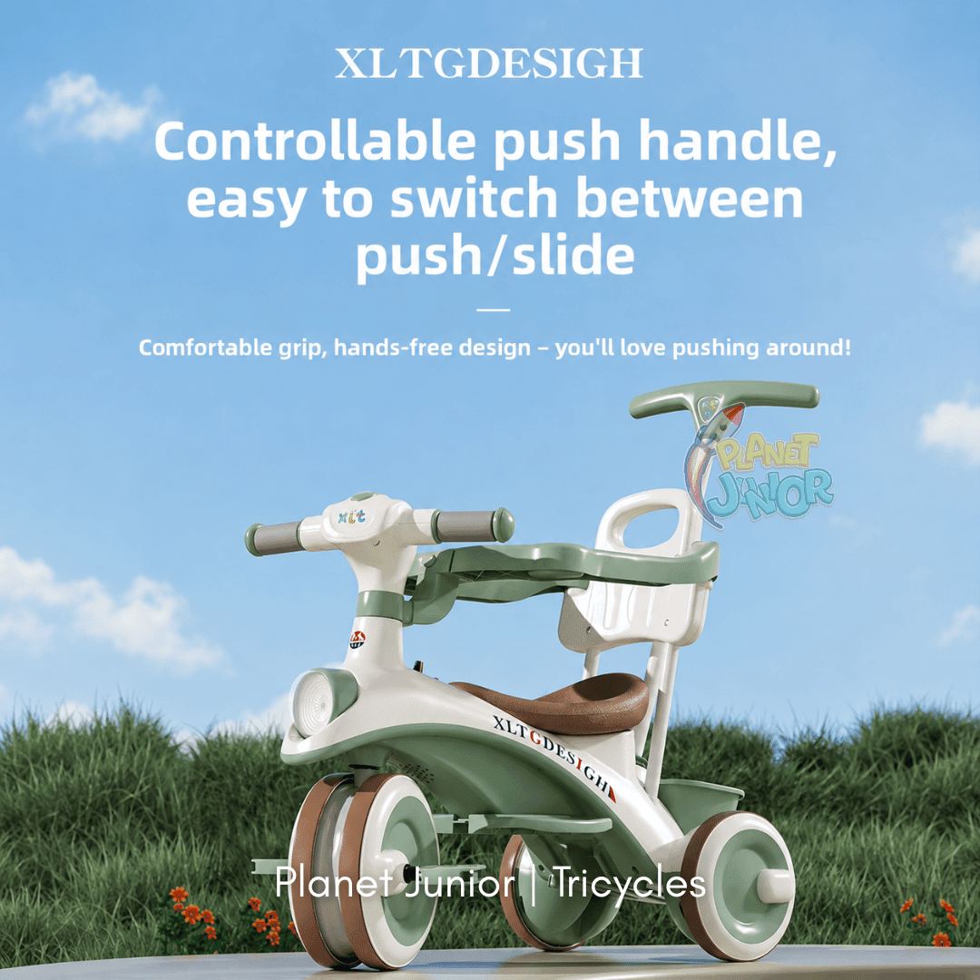 Kids 2-in-1 Stroller Tricycle with Canopy, Push Handle, Music & Lights
