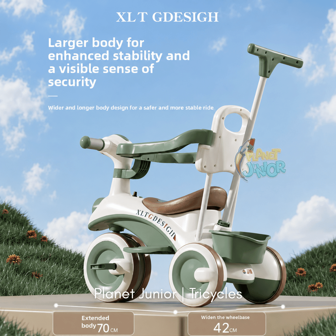 Kids 2-in-1 Stroller Tricycle with Canopy, Push Handle, Music & Lights