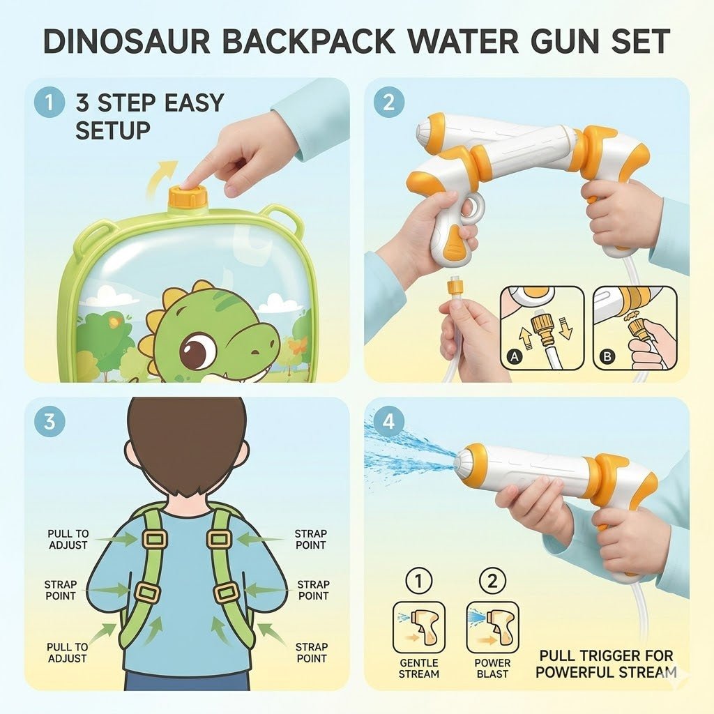 Dinosaur Backpack Water Gun Blaster for Kids – Long Range Summer Spray