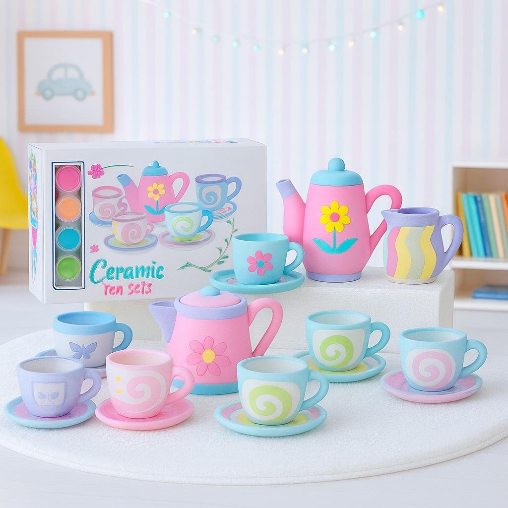 DIY Ceramic Tea Set for Kids  – Paint Your Own Tea Party Playset | 18 Pcs