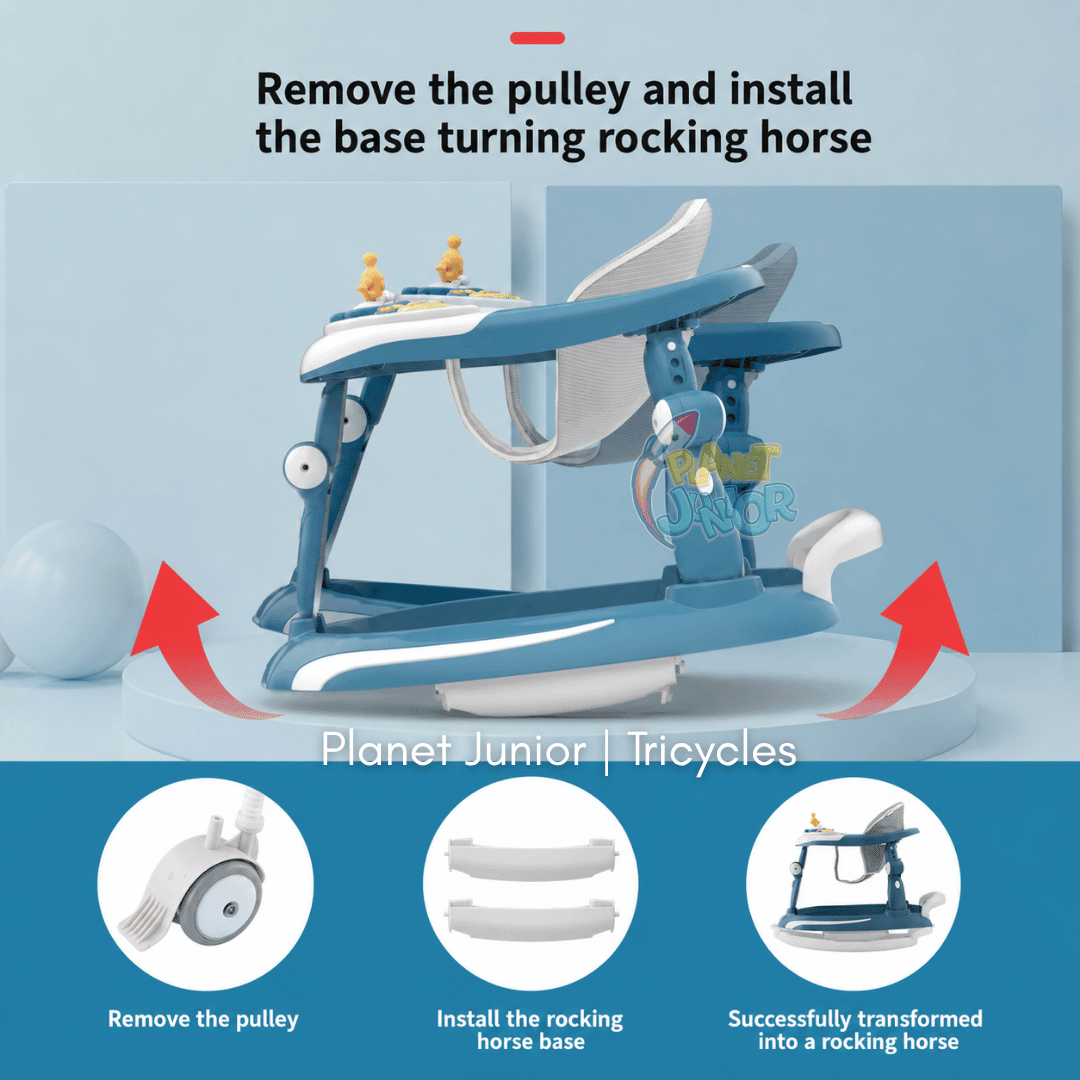 👶 3-in-1 Adjustable Baby Walker with Rocking Function, Feeding Tray & Music