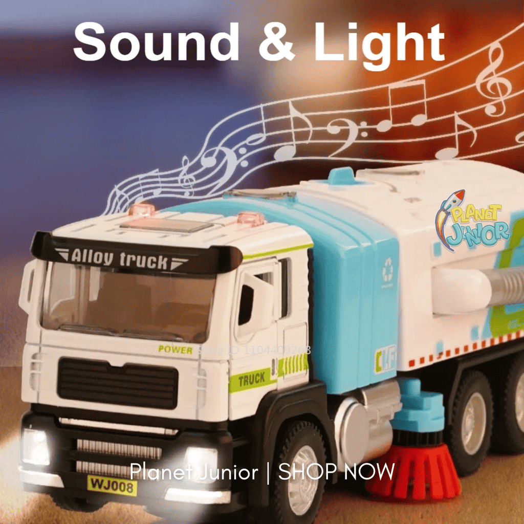 🚛 1:50 Alloy Sweeper Garbage Truck Toy – City Cleaning Vehicle with Rotating Broom, Vacuum &amp; Lights