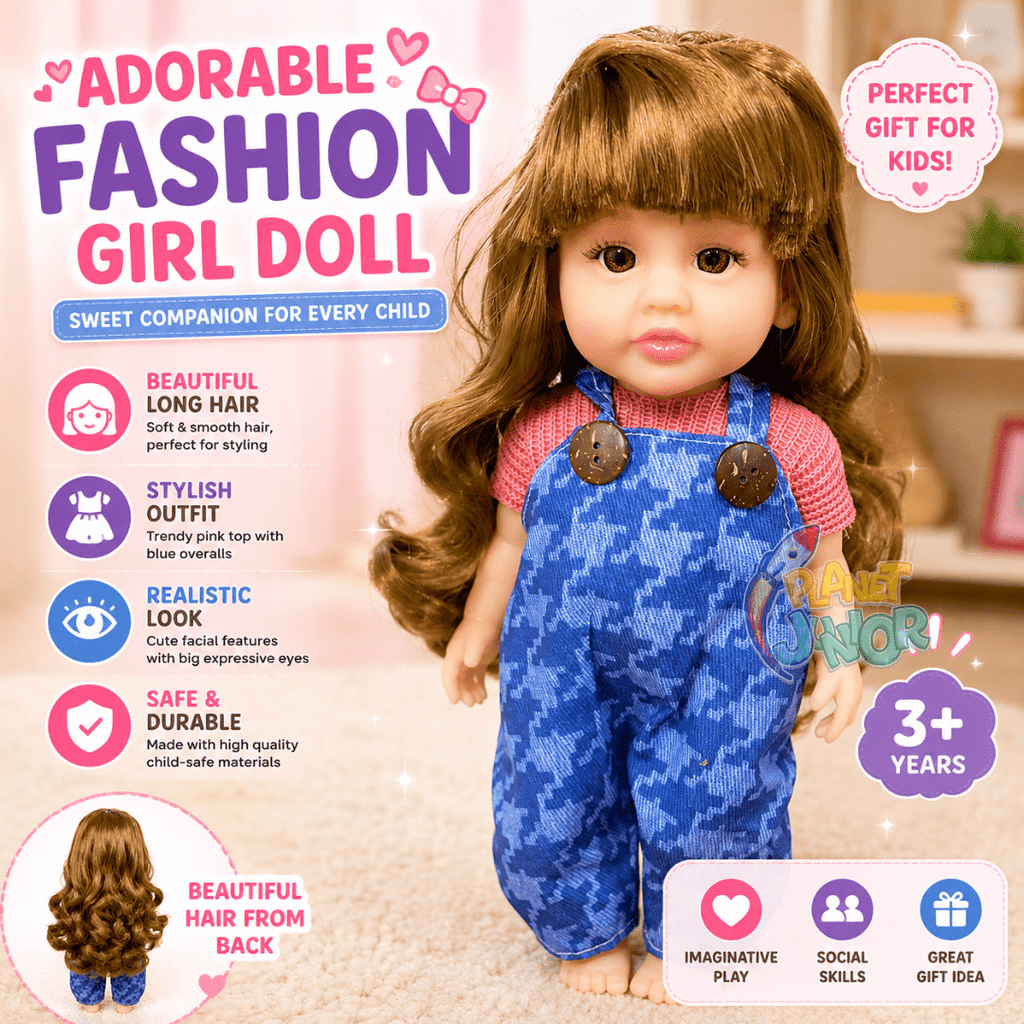 Adorable Fashion Girl Doll with Blue Overalls & Long Hair