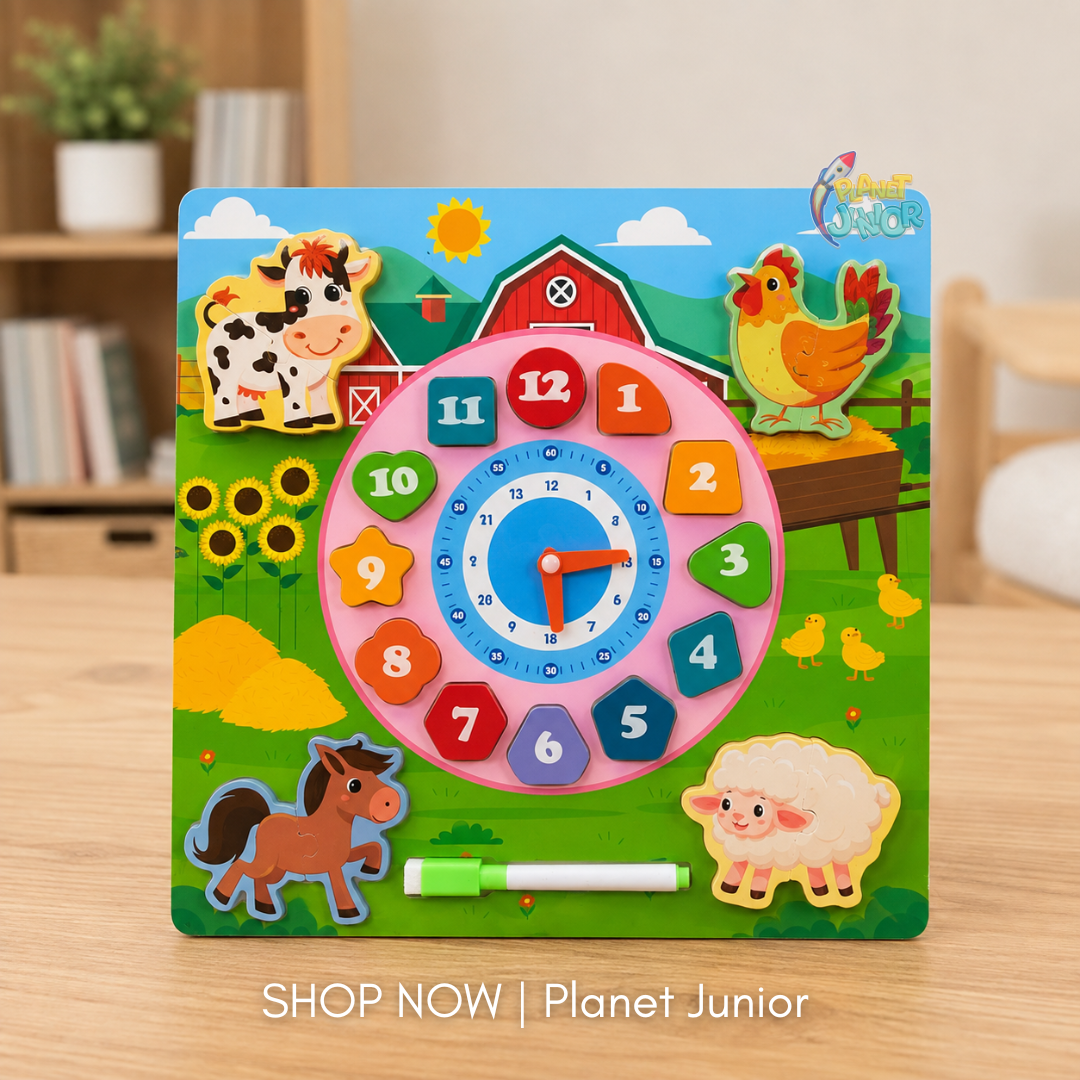 Wooden Farm Animal Clock & Tracing Learning Board