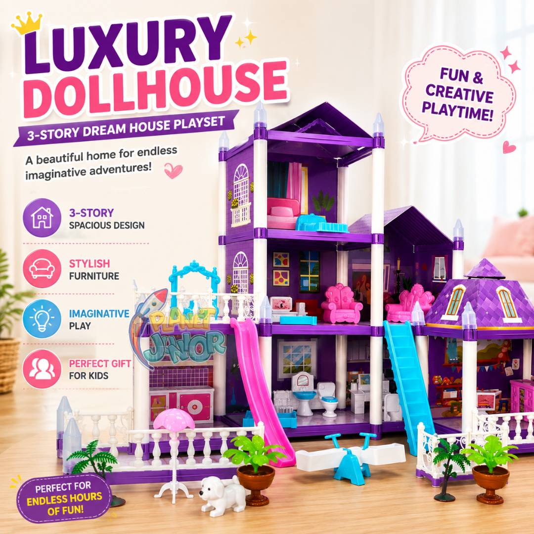 Luxury 3-Story Dollhouse Playset with Furniture & Balcony Design