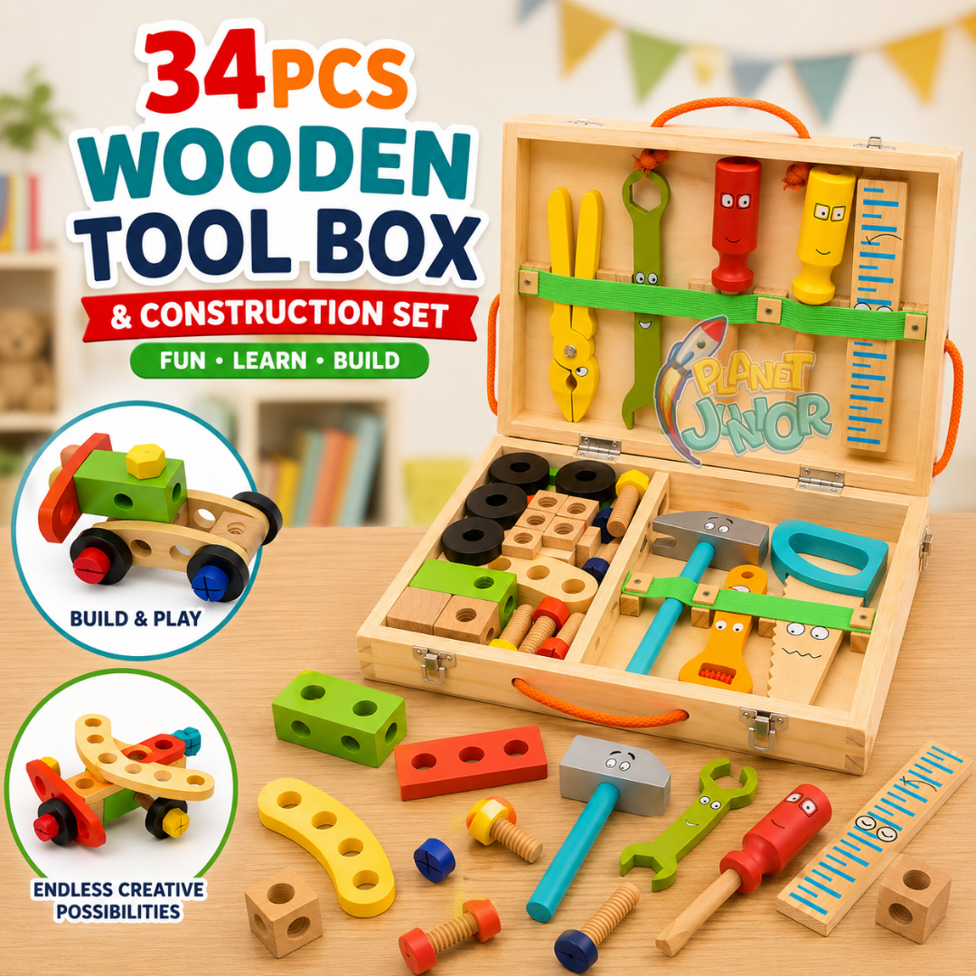 34 PCS Wooden Tool Box & Construction Set for Kids