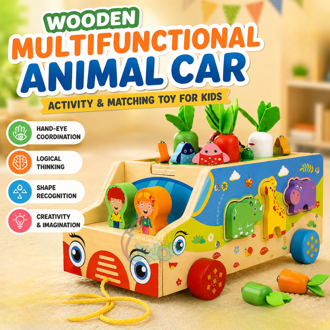 Wooden Multifunctional Animal Car Activity & Matching Toy for Kids