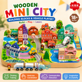 Wooden Mini City Building Blocks & Vehicle Playset for Kids