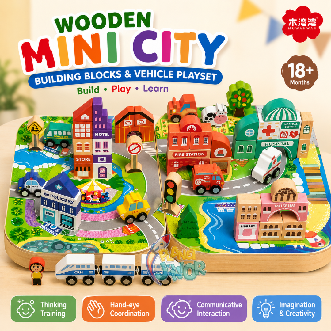 Wooden Mini City Building Blocks & Vehicle Playset for Kids