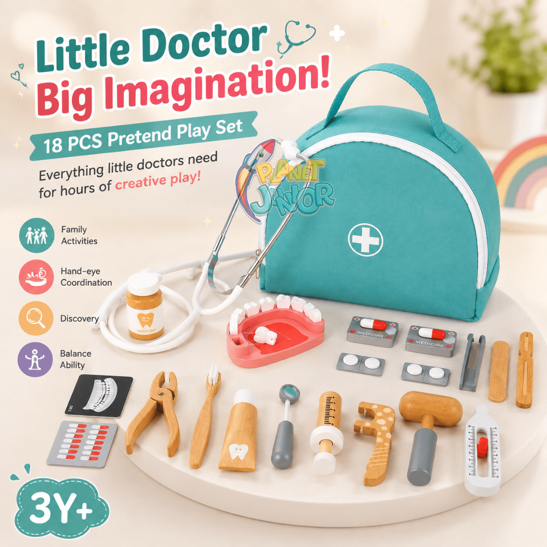 Wooden Doctor & Dentist Pretend Play Kit with Carry Bag for Kids