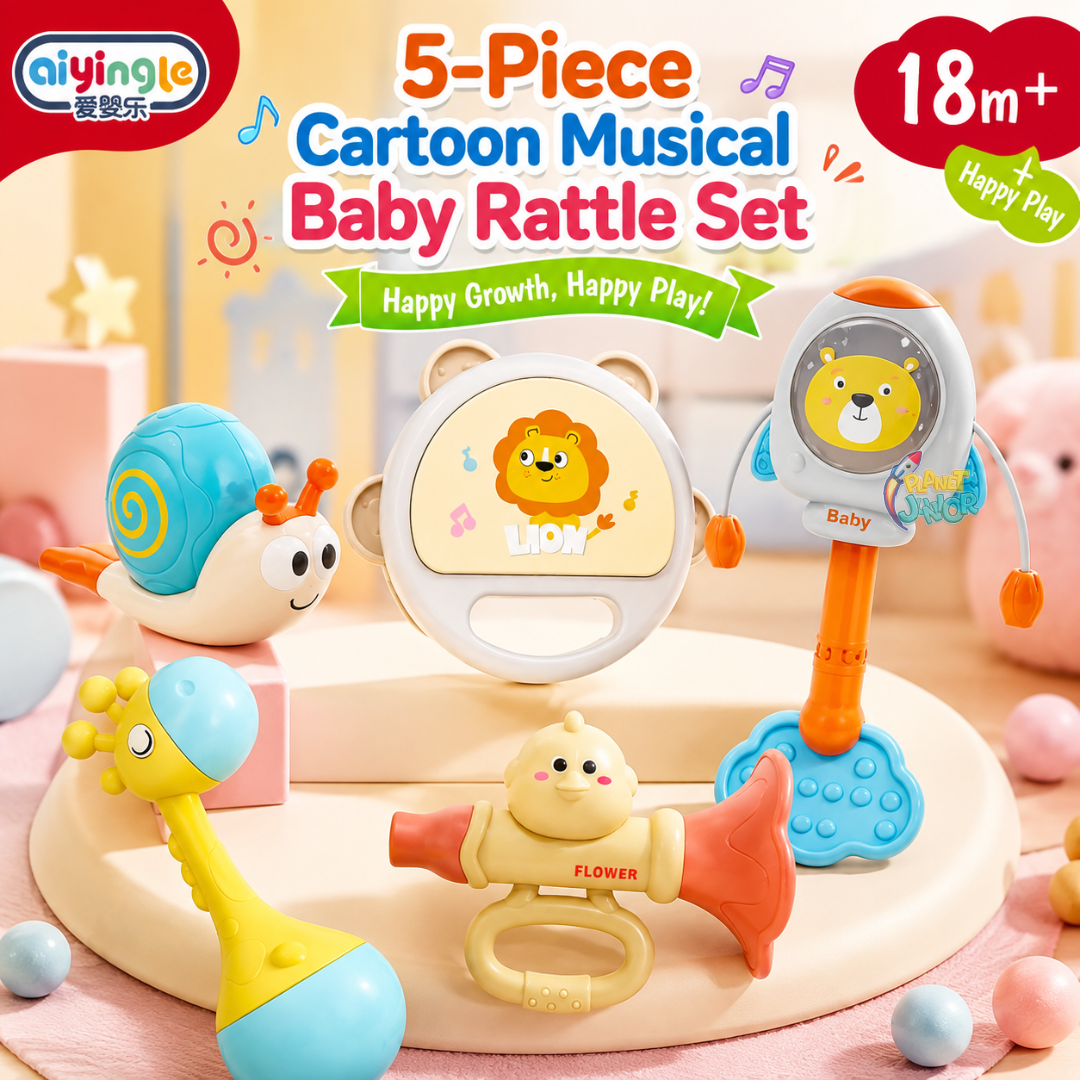 5-Piece Cartoon Musical Baby Rattle & Teething Gift Box