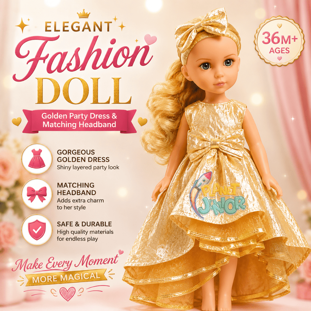 Elegant Fashion Doll with Golden Party Dress & Matching Headband