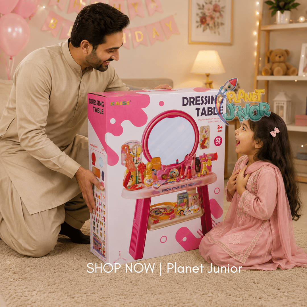 Kids Pink Dressing Table with Mirror, Beauty Accessories & Storage Shelf