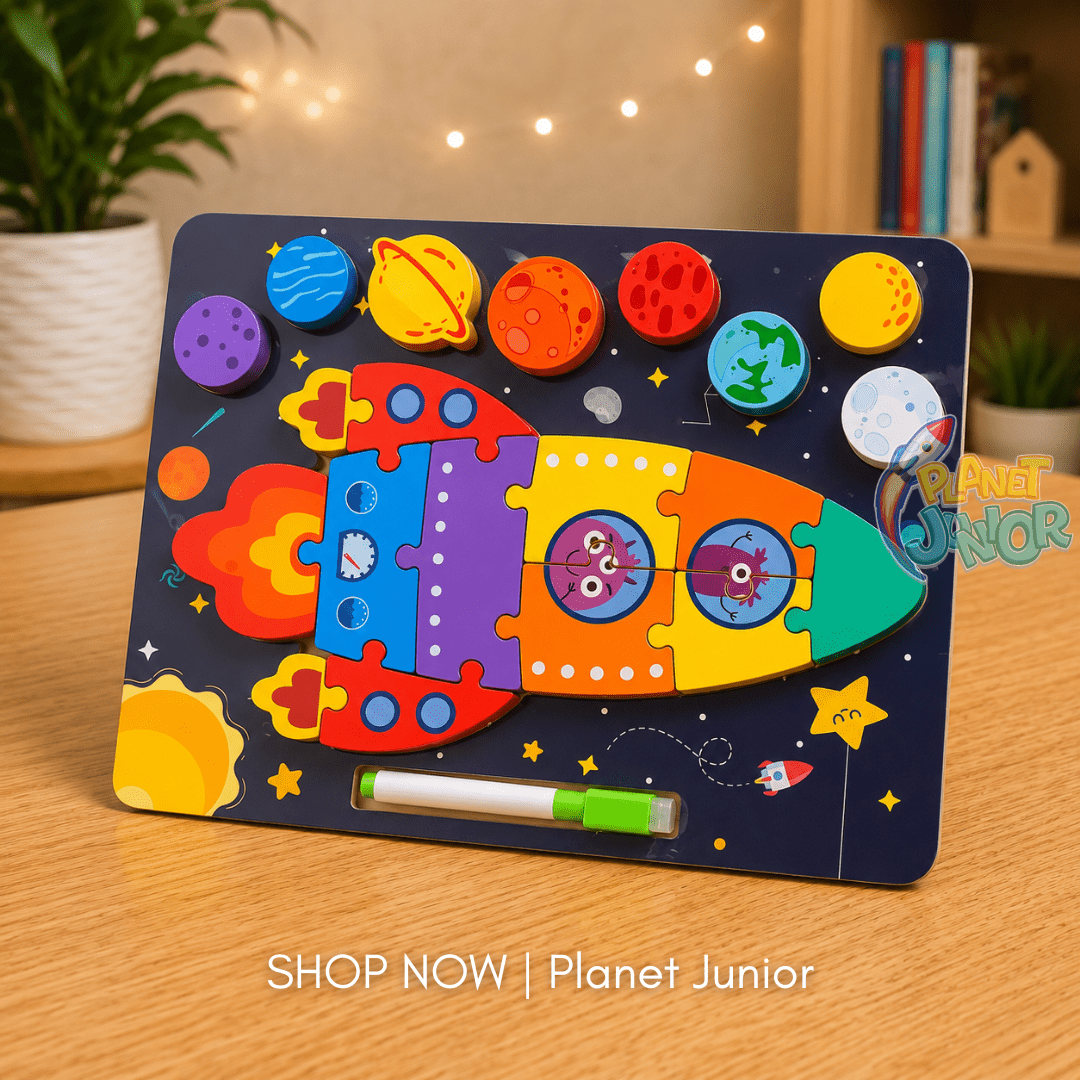 Wooden 2-in-1 Space Puzzle & Whiteboard Learning Board for Kids