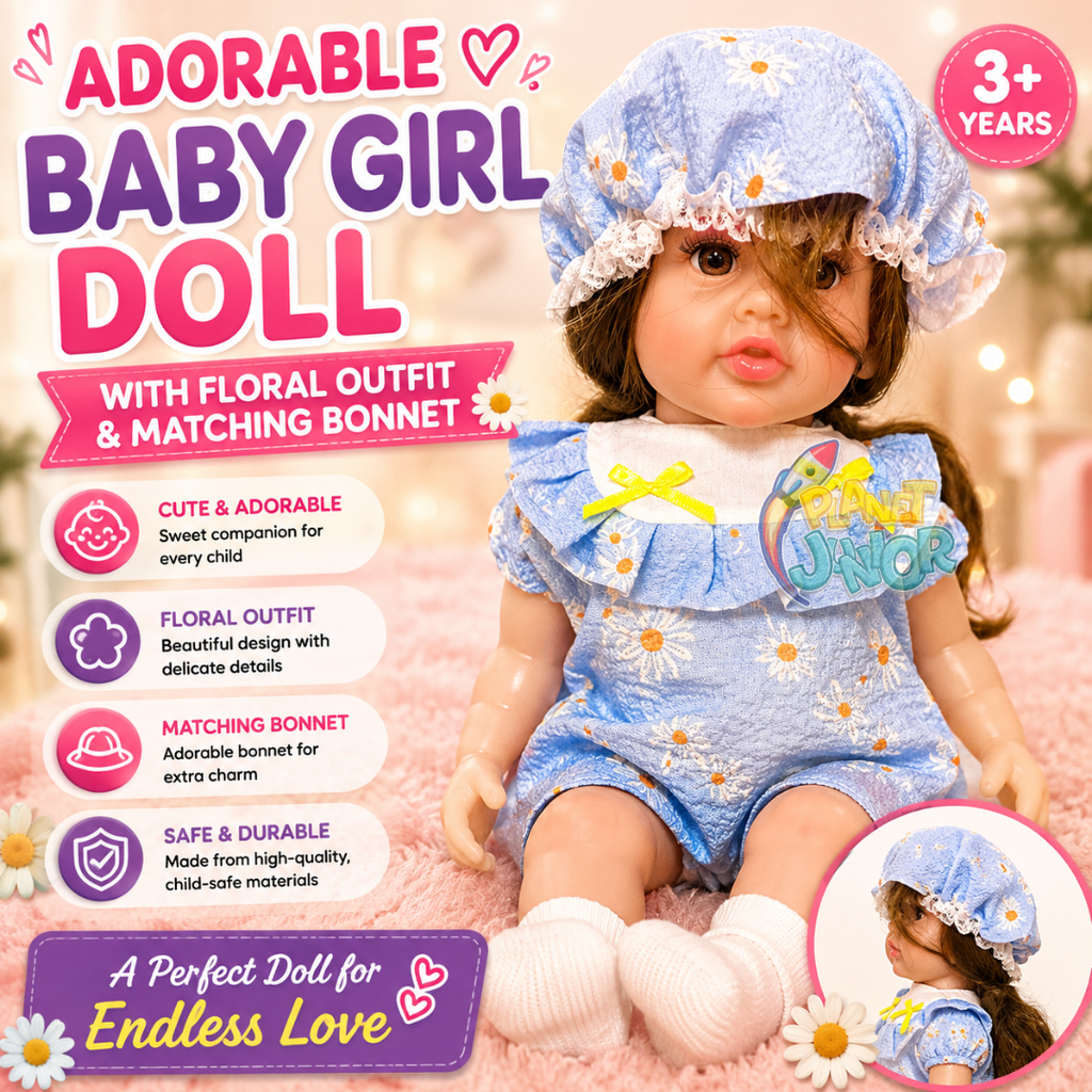 Adorable Baby Girl Doll with Floral Outfit & Matching Bonnet
