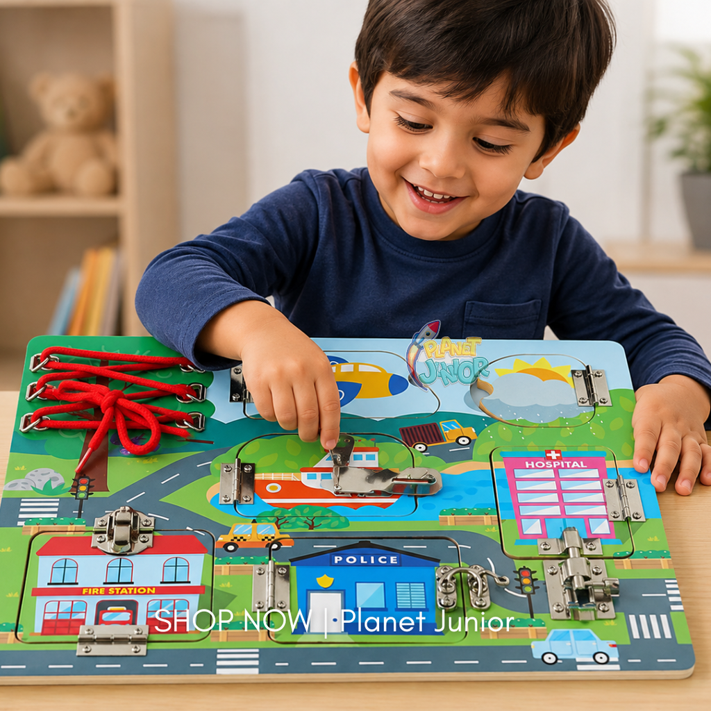 Wooden Transportation Busy Board with Locks, Latches & Lacing Activities