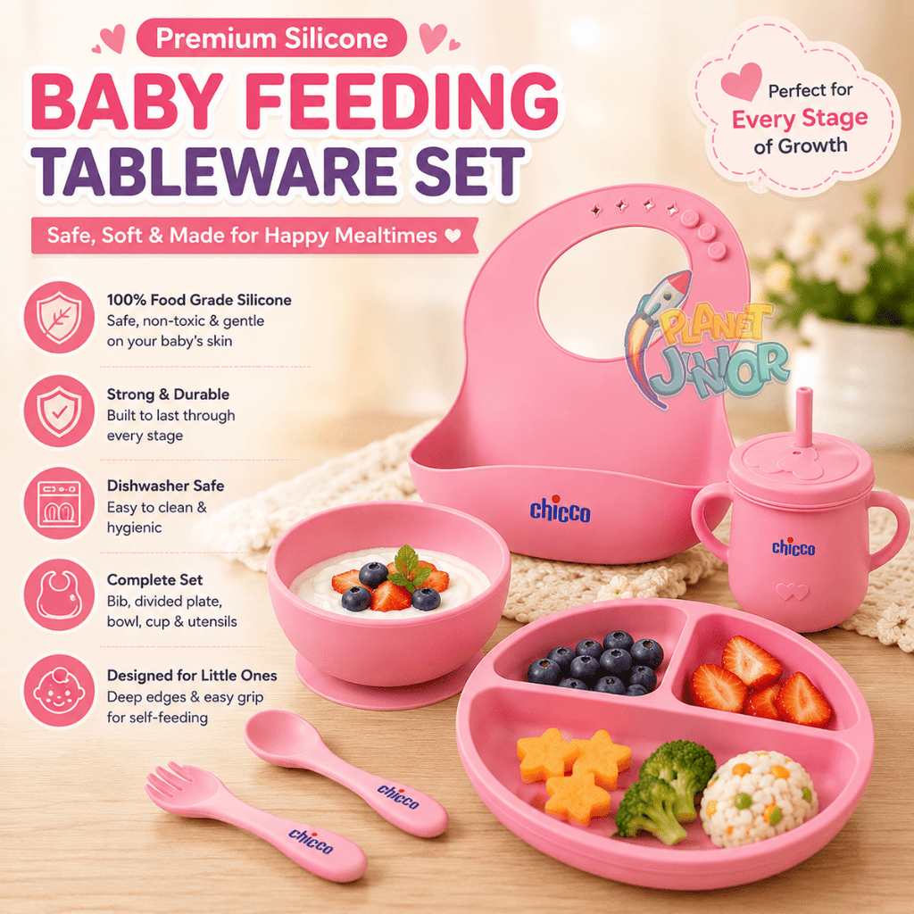Chicco Premium Silicone Baby Feeding Tableware Set with Bib, Plate, Bowl & Cup