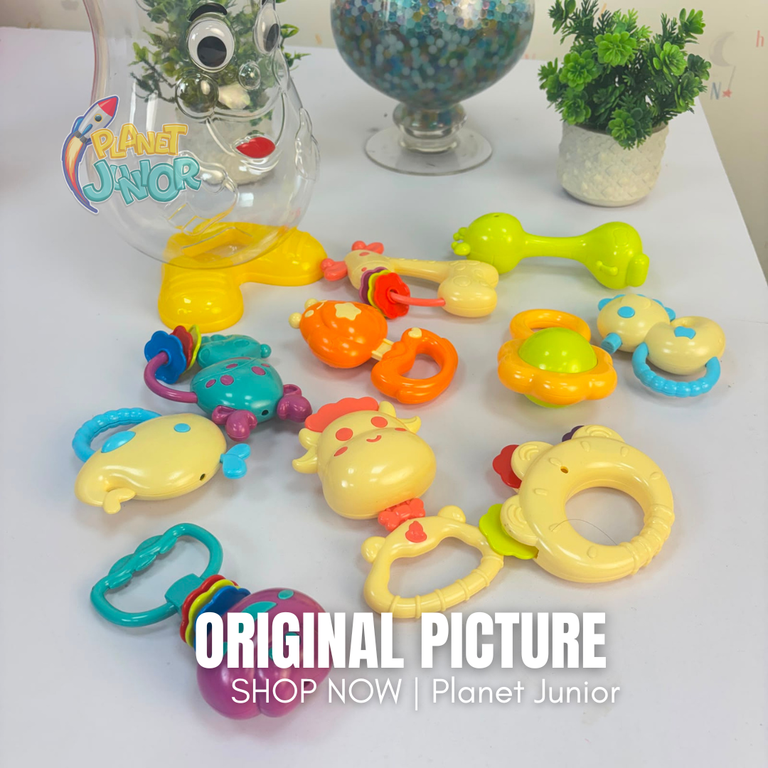 Colorful Baby Rattle & Teether Toy Set with Character Storage Container