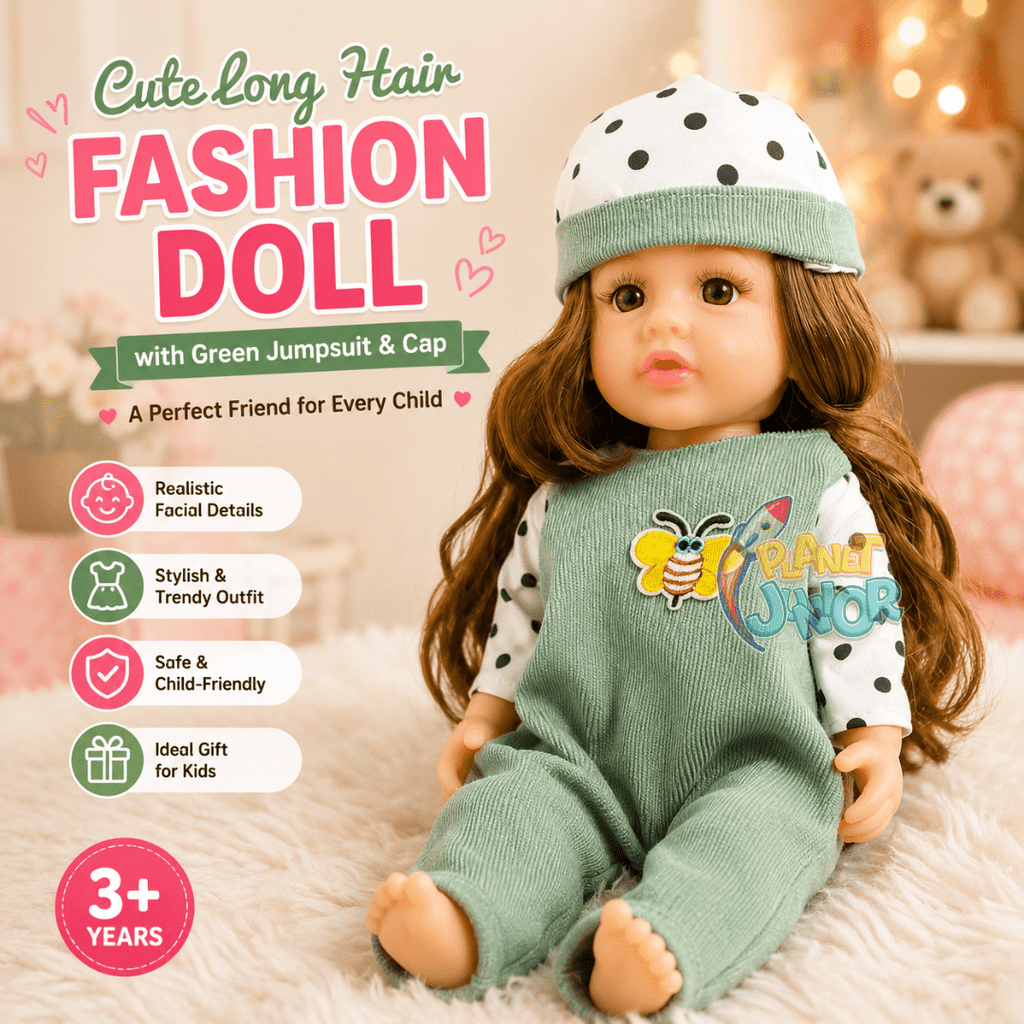 Cute Long Hair Fashion Doll with Green Jumpsuit & Cap for Kids