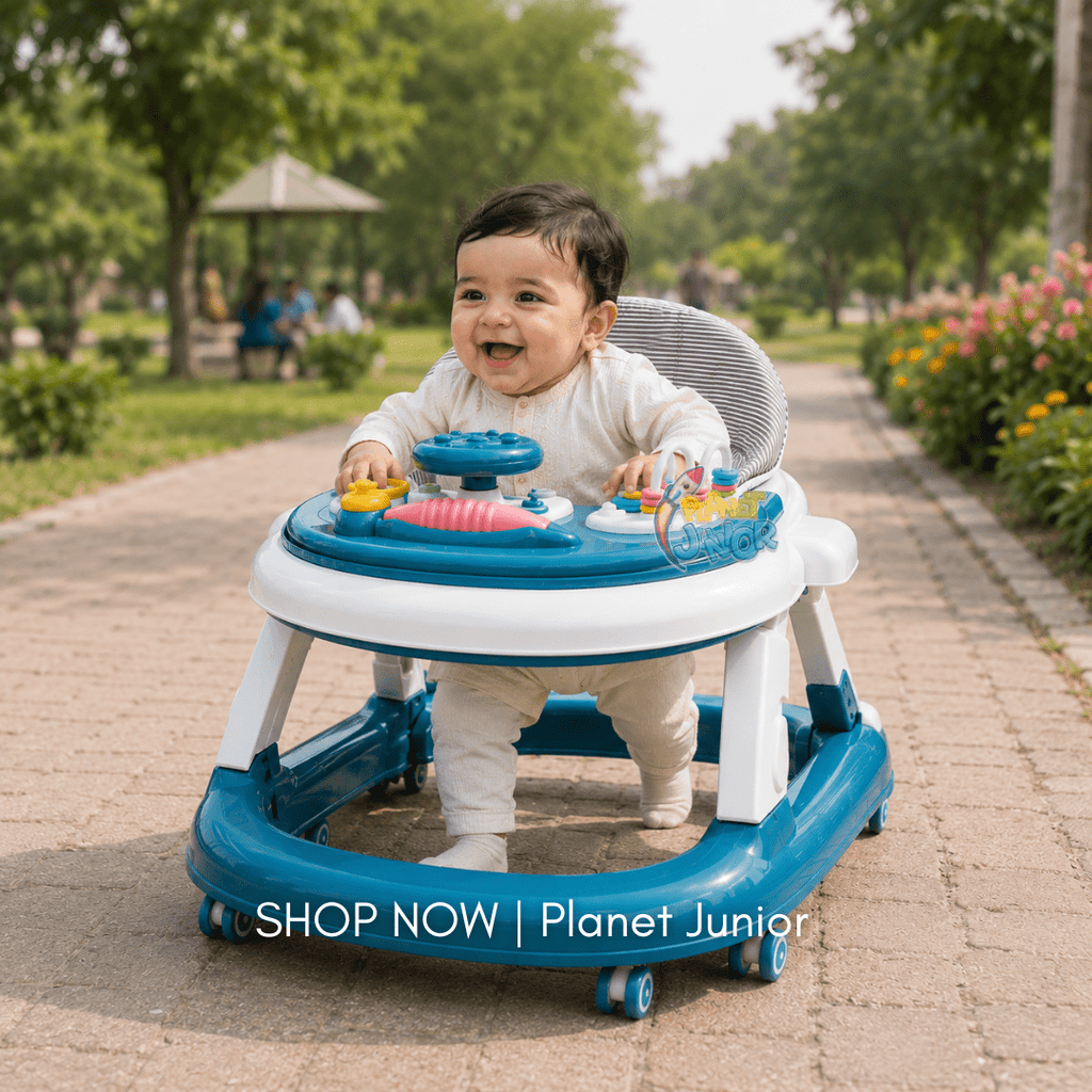 Height Adjustable & Foldable Baby Walker with Steering Wheel Activity Tray