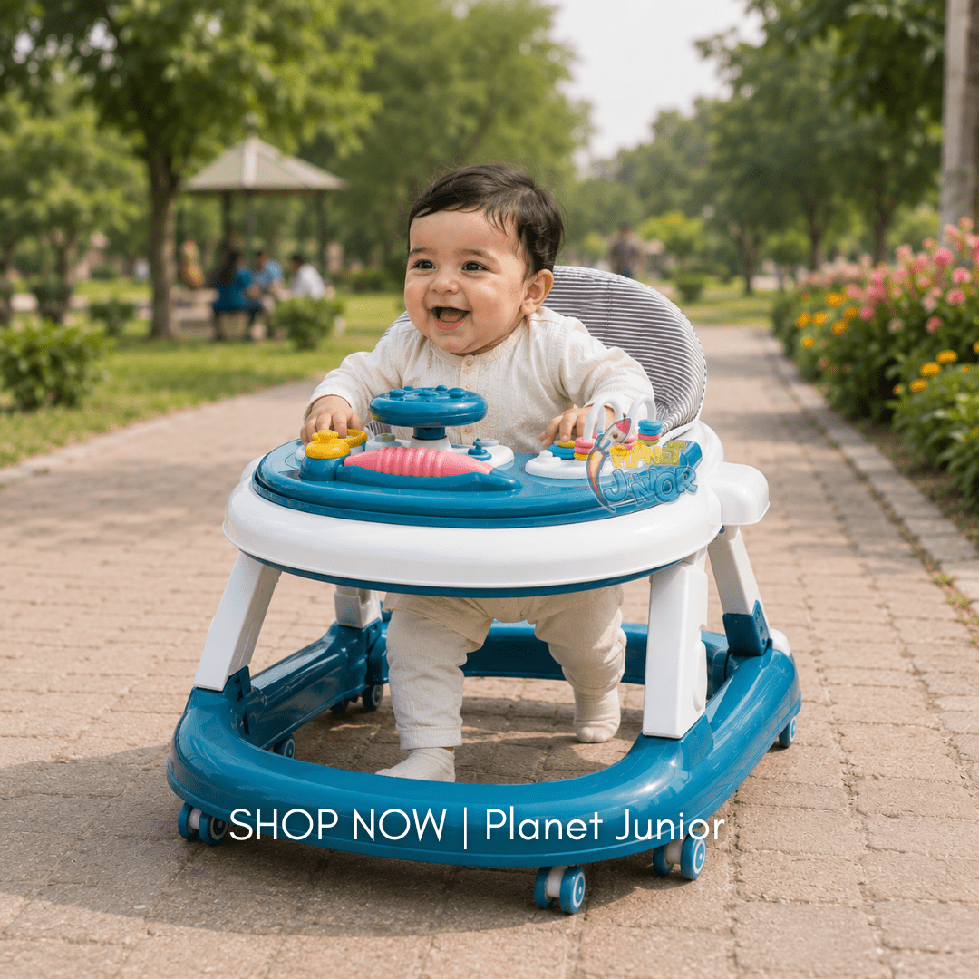 Height Adjustable & Foldable Baby Walker with Steering Wheel Activity Tray