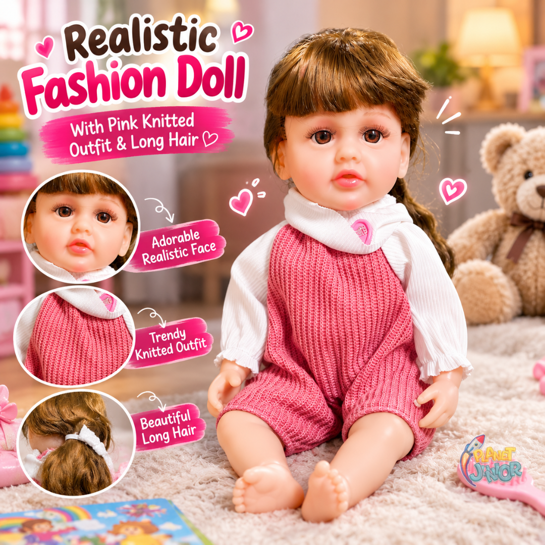 Realistic Fashion Doll with Pink Knitted Outfit & Long Hair