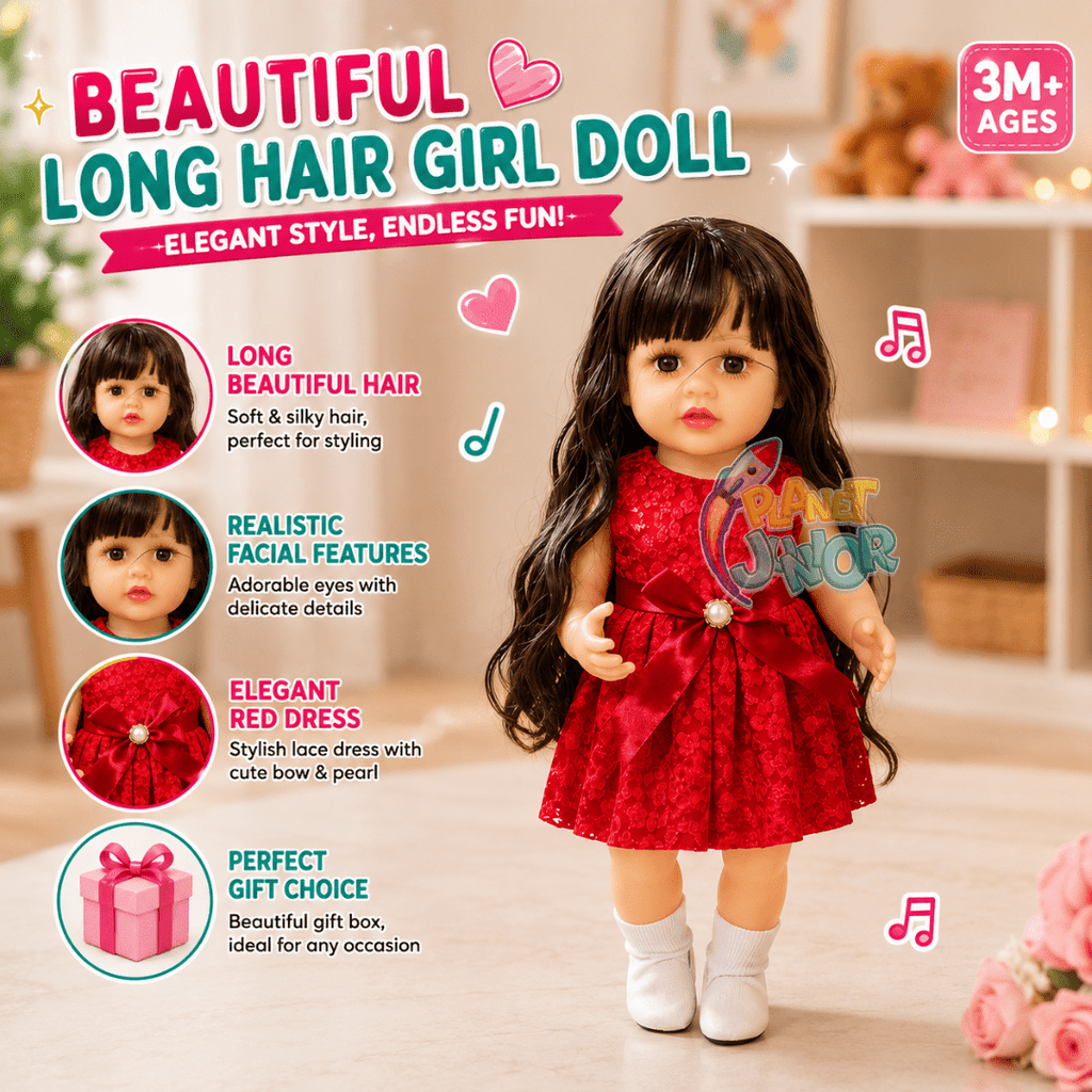 Beautiful Long Hair Girl Doll with Elegant Red Dress & Gift Box