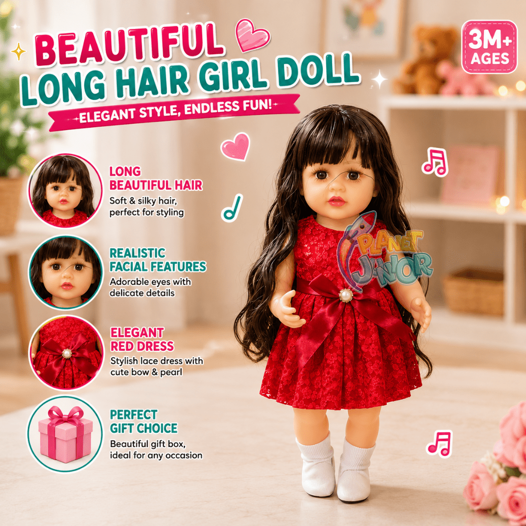 Beautiful Long Hair Girl Doll with Elegant Red Dress & Gift Box