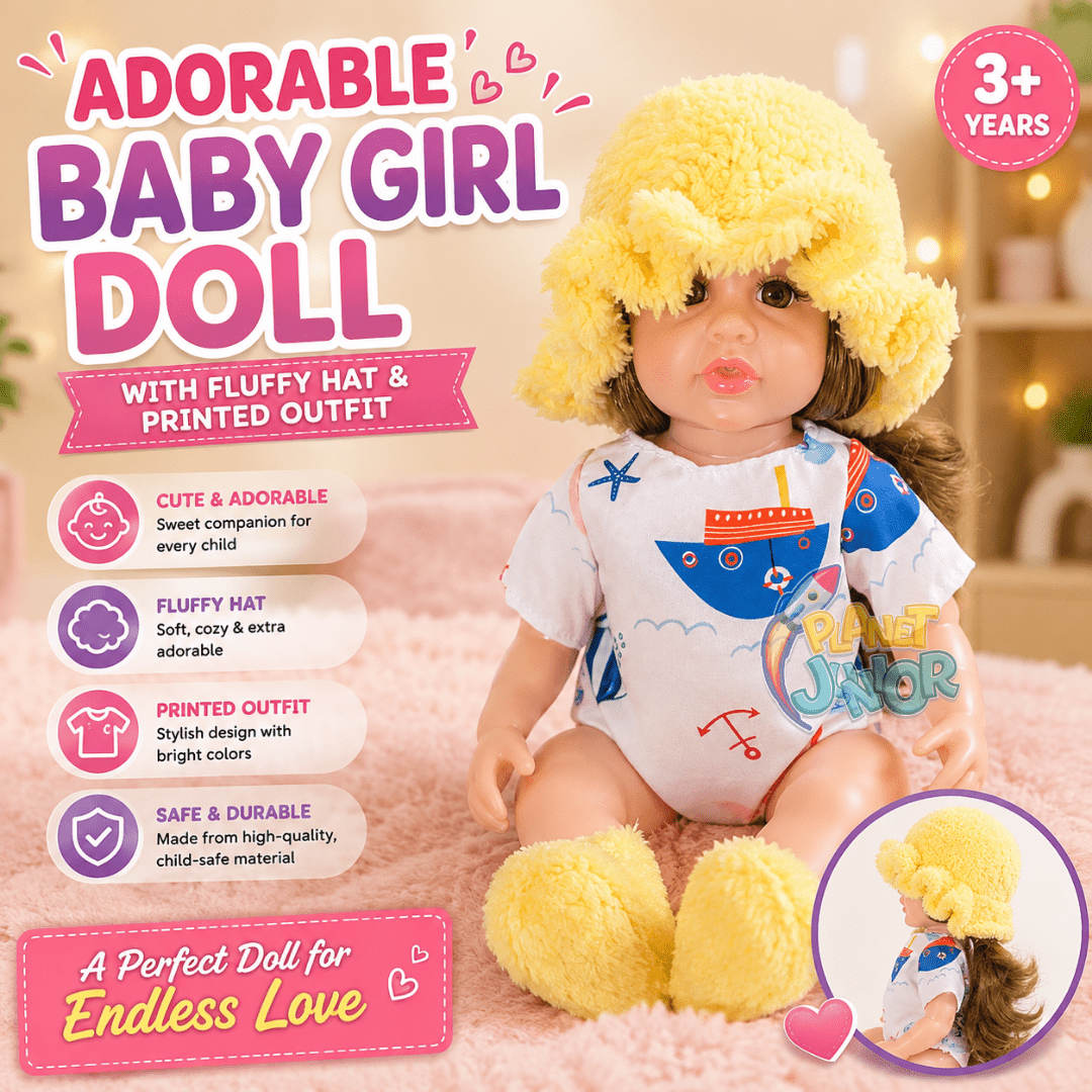 Adorable Baby Girl Doll with Fluffy Hat & Printed Outfit