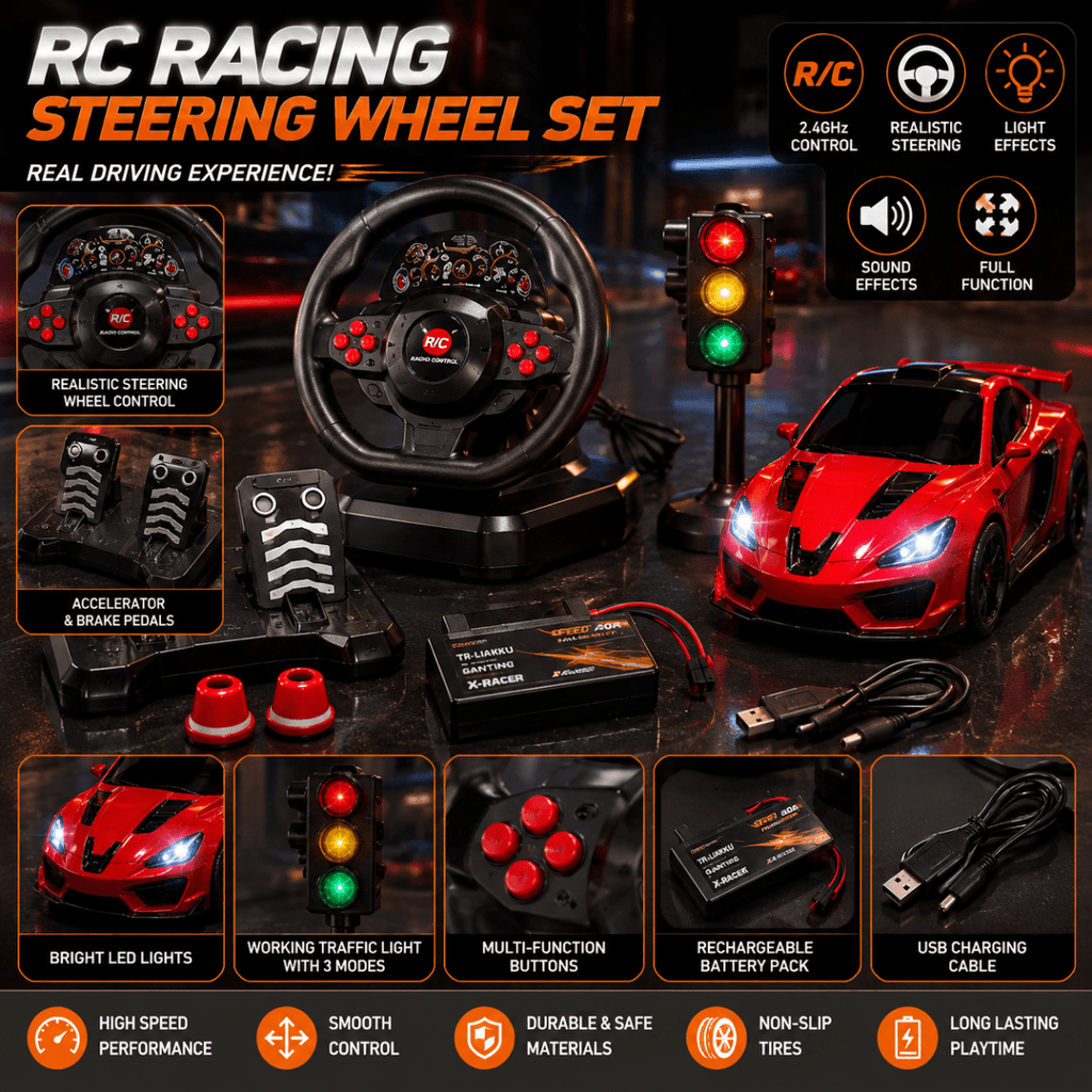 Luxury RC Steering Wheel Racing Car Set with Pedals & Traffic Signal