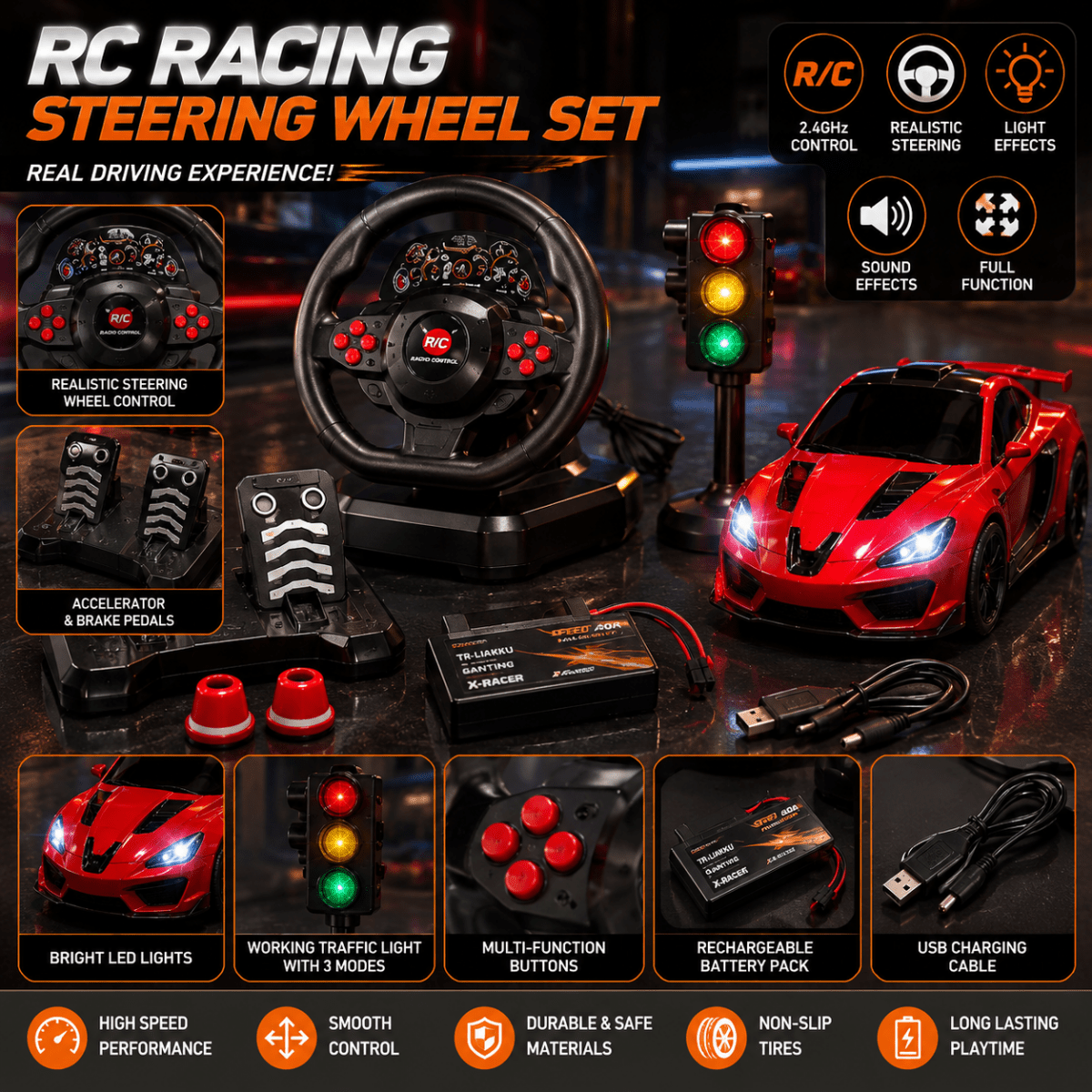 Luxury RC Steering Wheel Racing Car Set with Pedals & Traffic Signal