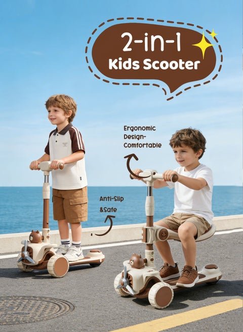 🛴 2-in-1 Kids Bear Ride-On Scooter with Seat & Lights