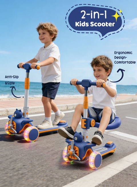 🛴 2-in-1 Kids Bear Ride-On Scooter with Seat & Lights