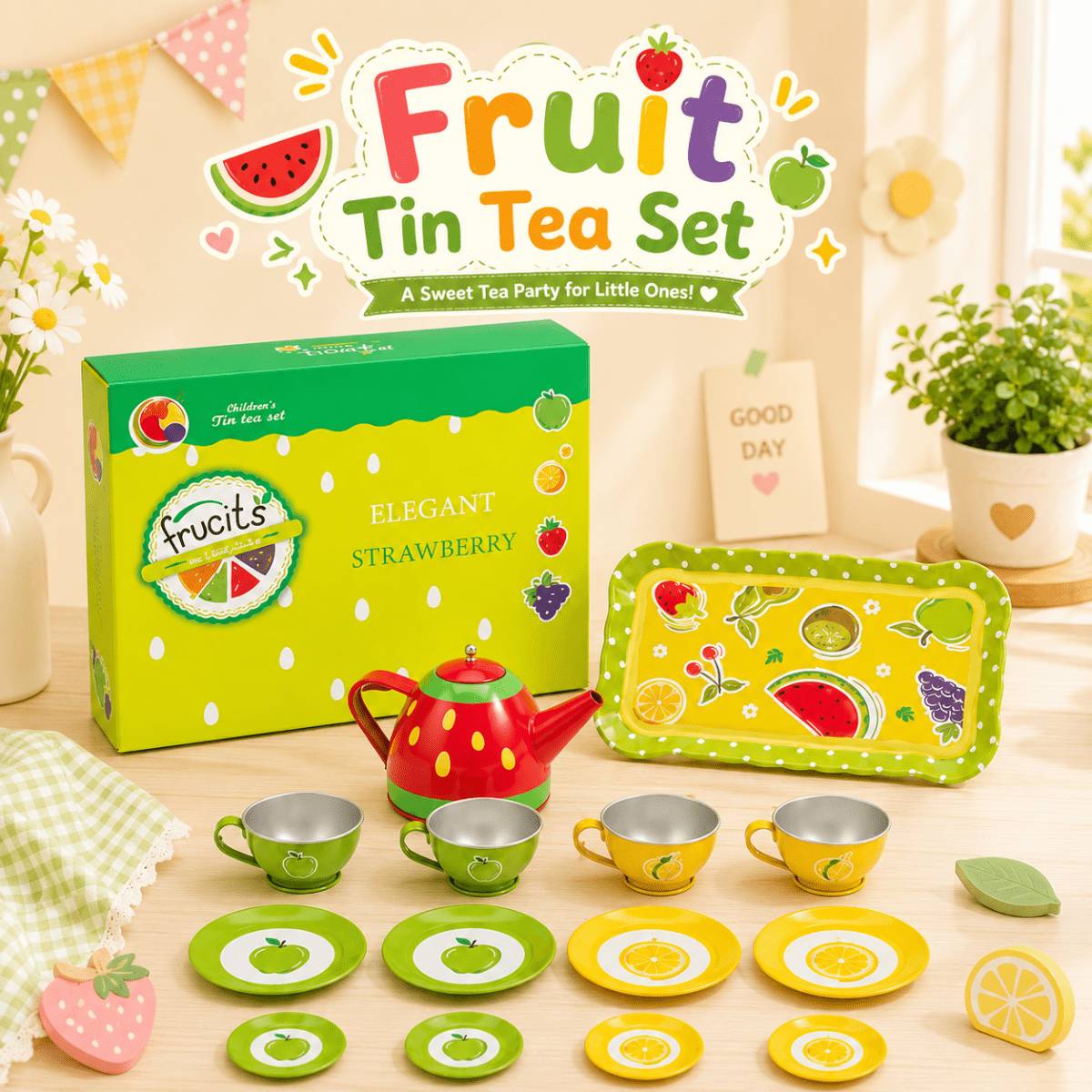 Fruity Metal Tea Set – 14 Pcs Kids Pretend Kitchen Play Set