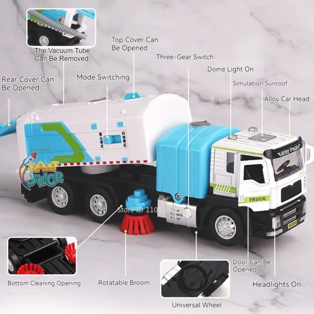 🚛 1:50 Alloy Sweeper Garbage Truck Toy – City Cleaning Vehicle with Rotating Broom, Vacuum &amp; Lights